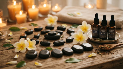 Piedras basálticas, flores y aromaterapia